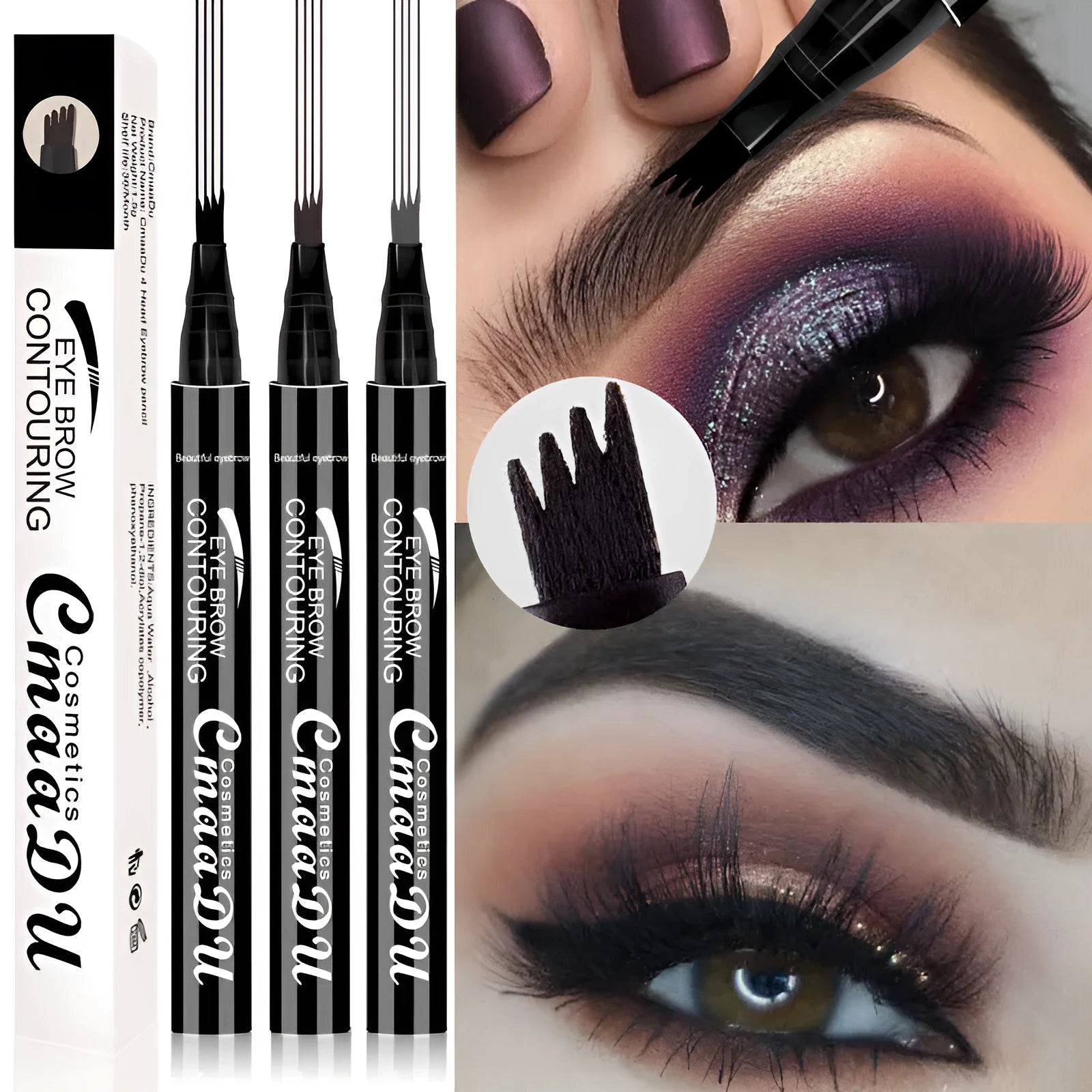 CmaaDu 4-Head Eyebrow Pencil in three shades black brown grey with four-point tip for precise brow application
