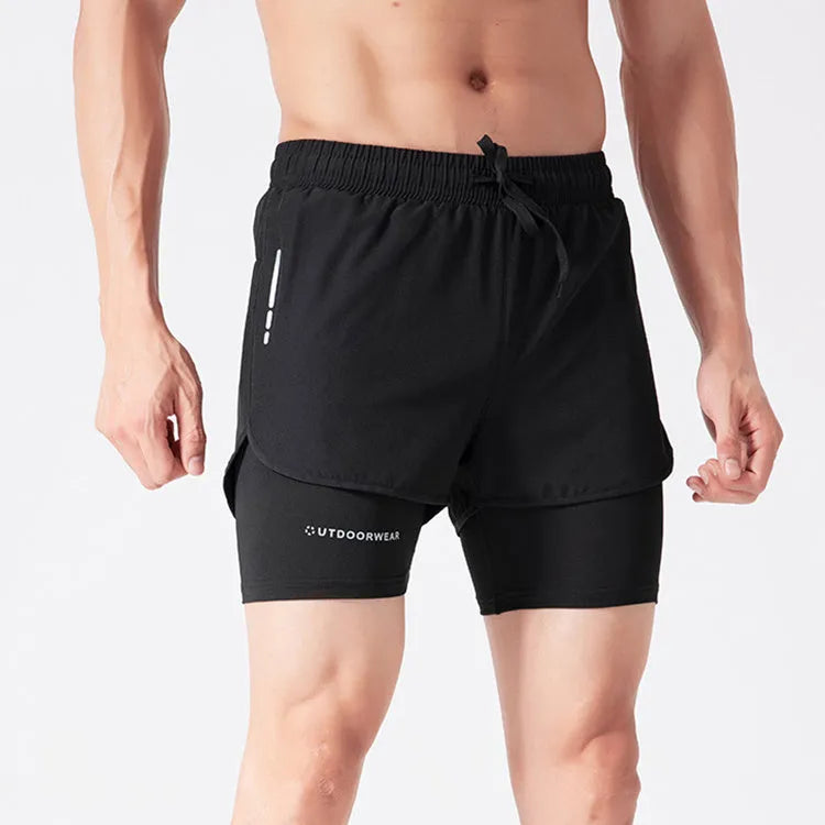 Men's double layer quick dry sports shorts with spandex liner, polyester outer, elastic waistband, available in gray, black, blue, black and white sizes M to 6XL