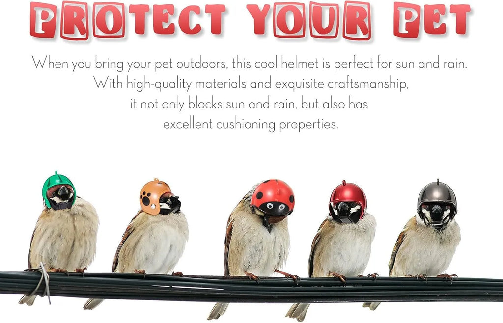 Small adjustable plastic safety helmet for a chicken or bird, shown in a fun design.