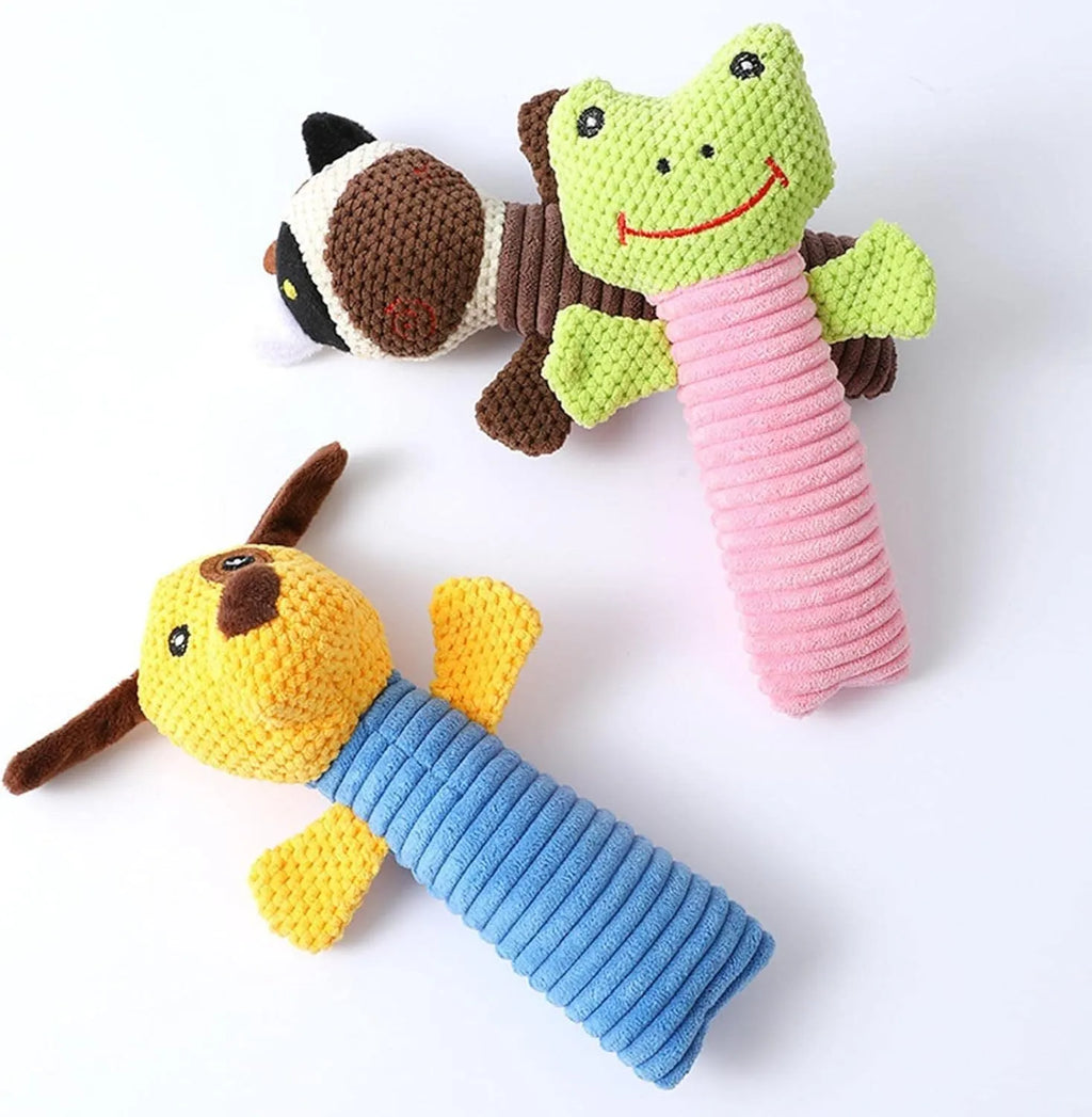 Three dog squeaky chew toys showing calf, frog, and puppy shapes, 19cm long soft plush construction