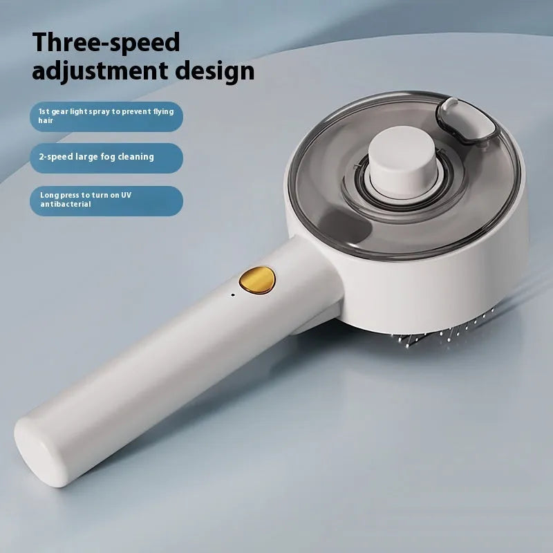 Ceramic white pet grooming brush with UVC light, mist sprayer, and fine needles for dog and cat hair removal