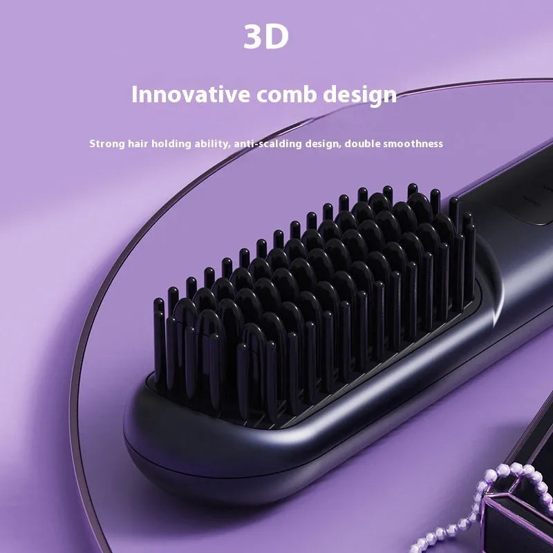 A white portable negative ion hair comb with USB-C charging port, shown alongside dark blue and grey colour options.