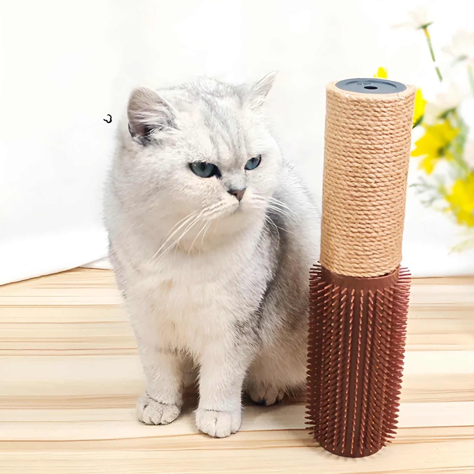 Brown sisal cat scratching post measuring 30cm tall with square base