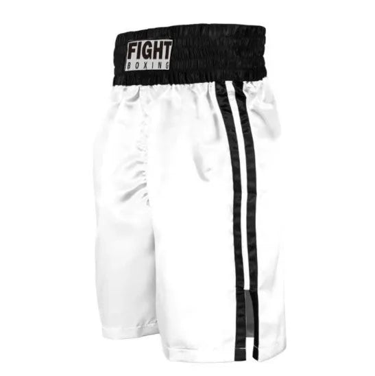 Black and white striped waist kickboxing shorts with side splits on a mannequin.