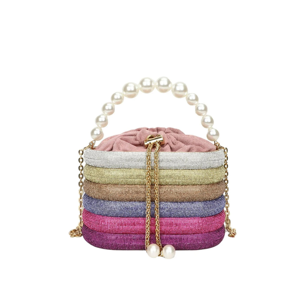 Women's crossbody bag with pearl beaded detailing in soft PU leather showing European retro style and single shoulder strap