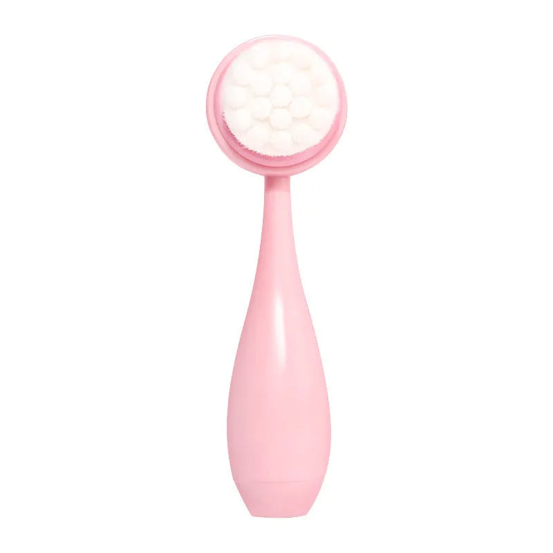 Facial brush keep dry three-piece set showing coral fleece hair band, facial brush with nylon bristles, and storage pouch