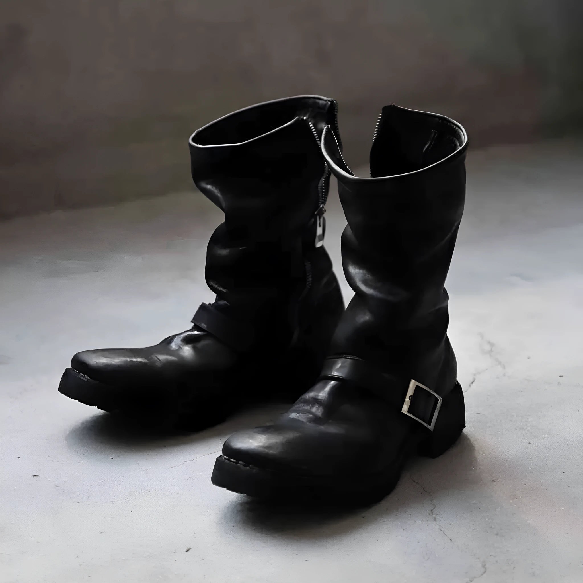 Men's black retro Martin ankle boots with a side zip and round toe.