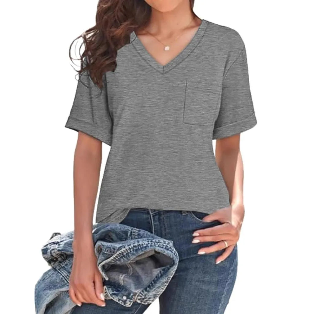 Grey loose V-neck T-shirt with front pocket, short sleeves, casual styling