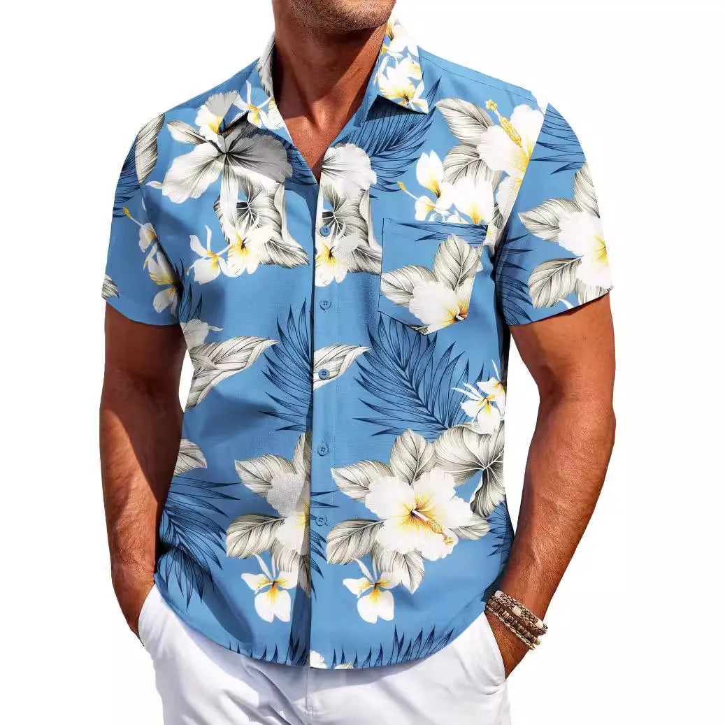Men's slim fit Hawaiian short sleeve shirt in elastic polyester fabric