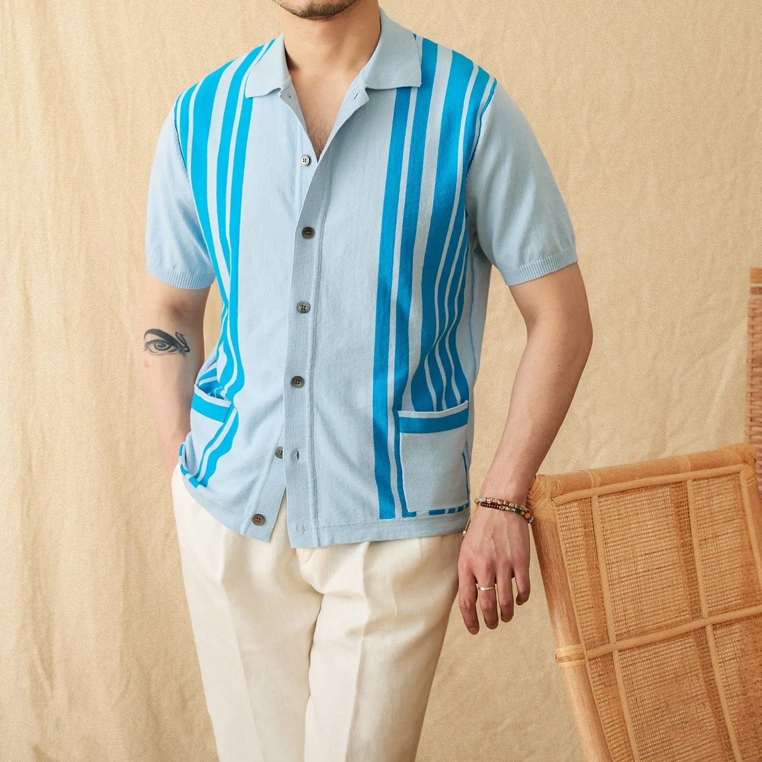 Short-sleeved knitted cardigan polo shirt with lapel collar in cotton-polyester blend fabric