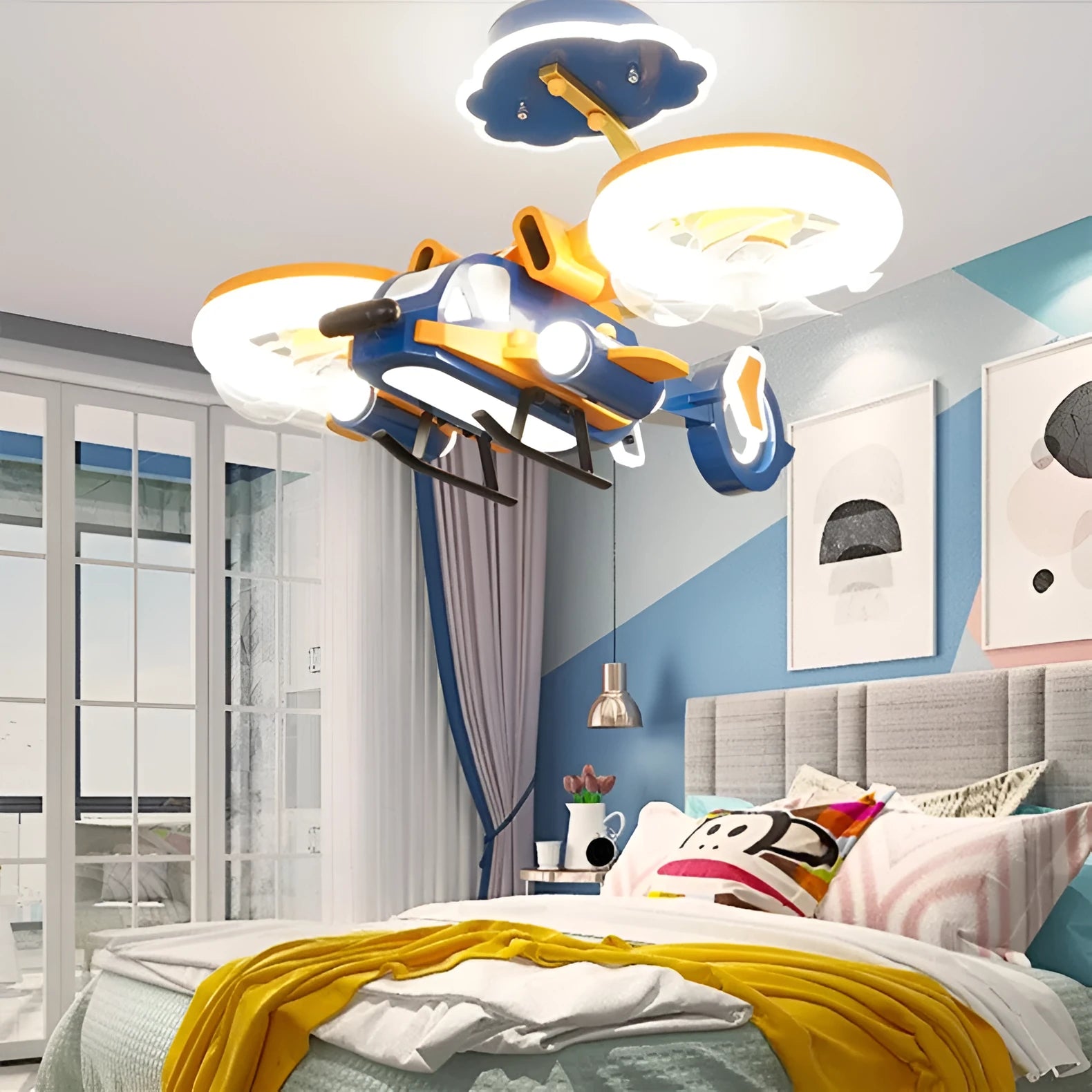 Smart Fighter Boy ceiling fan light with metal blades and acrylic lampshade in yellow and blue for large bedrooms
