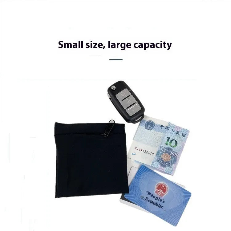 Black wrist bag armband sleeve for mobile phone storage, shown on a wrist.