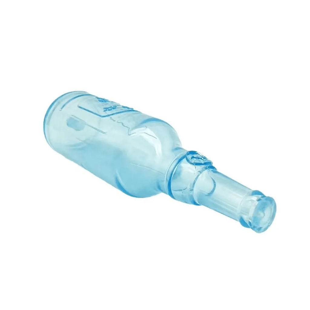 Blue green and red squeaky water bottle shaped dog chew toy for aggressive chewers