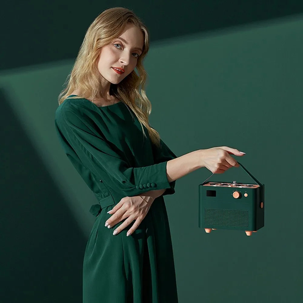 Portable phono humidifier in ABS, PP, silicone and leather, 190.6x130.9x151.5mm, with warm light, dark green colour