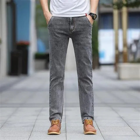 Men's smoky gray rabbit fur elastic jeans straight leg low waist design front view