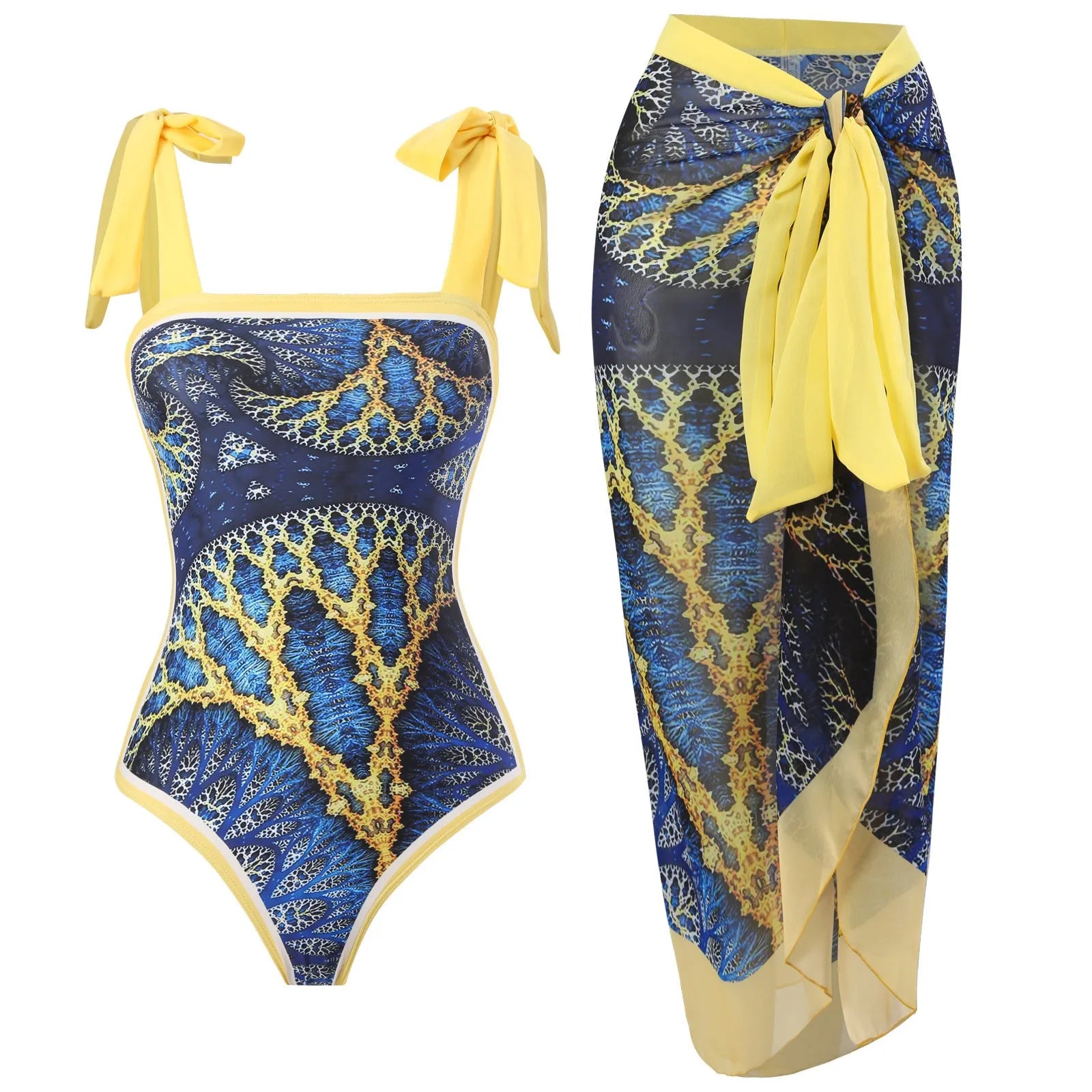 Women's retro floral one-piece swimsuit with chiffon skirt in multiple colour patterns