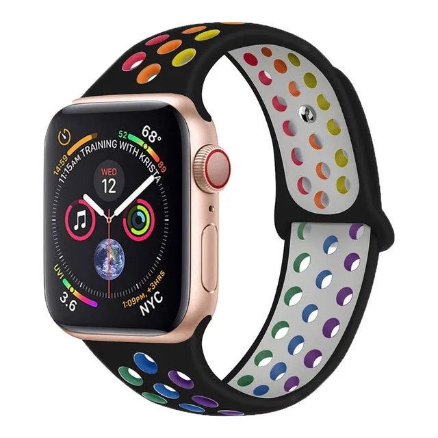 Silicone sports wristband with buckle closure in black, rainbow, or white colours