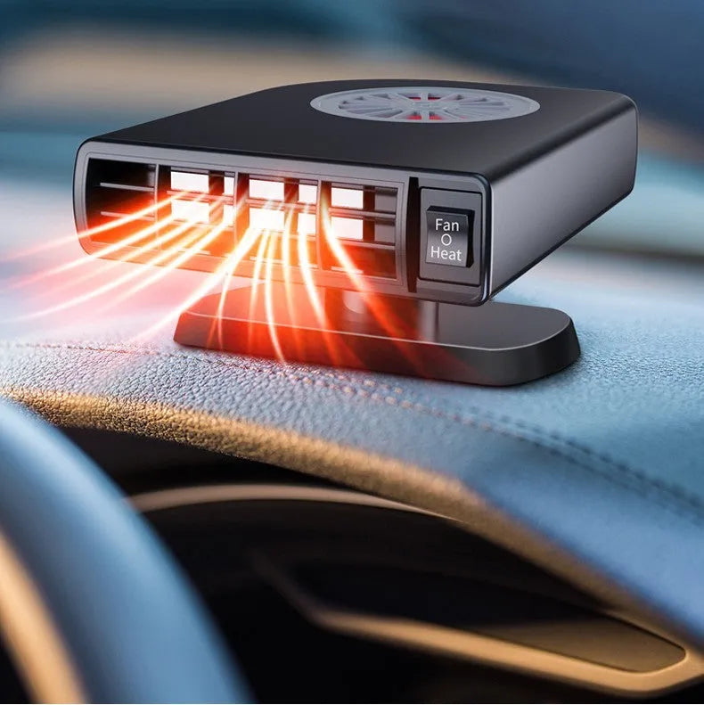 Black vehicle-mounted 12V car heater with adjustable vent on a car dashboard.