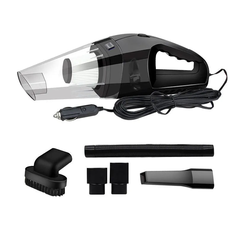 Orange 12V handheld car vacuum cleaner with nozzle attached, showing compact design.