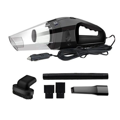 Orange 12V handheld car vacuum cleaner with nozzle attached, showing compact design.