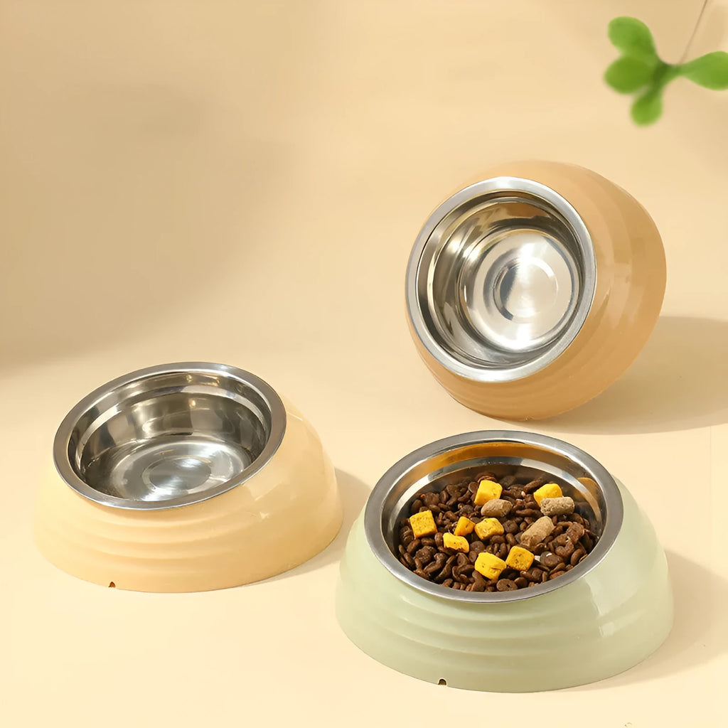 Stainless steel cat bowl in a beige plastic base