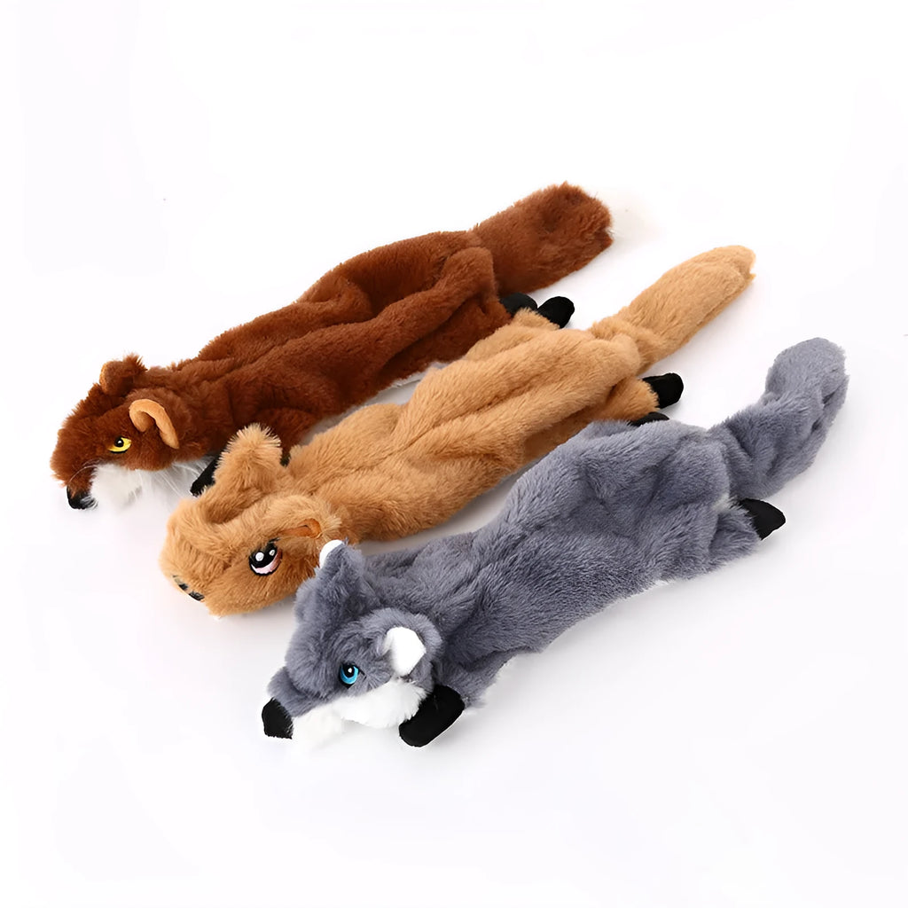 Plush chew toy for dogs in animal modelling shape, dark brown, light brown, and grey colour variants, designed for anti-biting molars and tooth cleaning