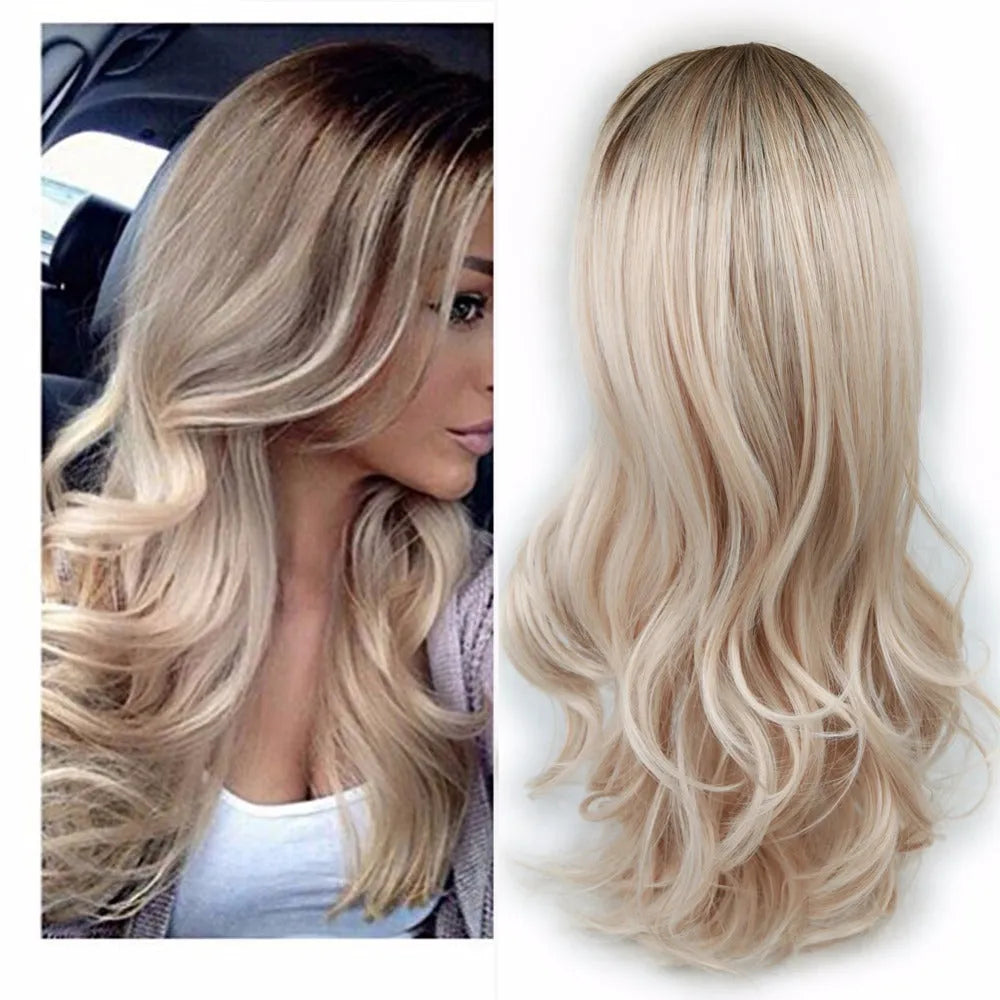 Women's blonde ombre hair black root long curly wig 61cm high temperature wire exotic style cosplay wig