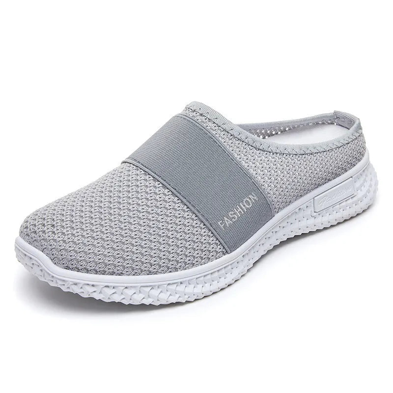 Women's breathable mesh casual shoes with flat heel and round toe in black, grey, pink, or purple