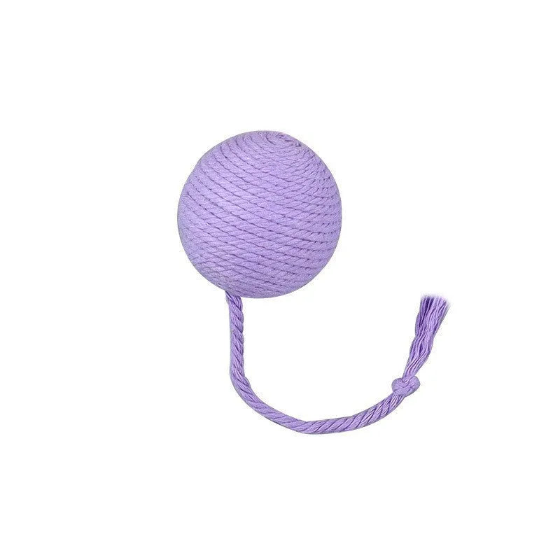 Cat toy ball with rope in four colours: green, pink, purple, and yellow
