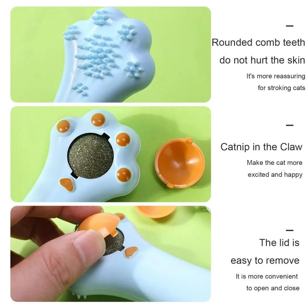 Blue dual-purpose cat massage comb and dental toy with cartoon design and catnip