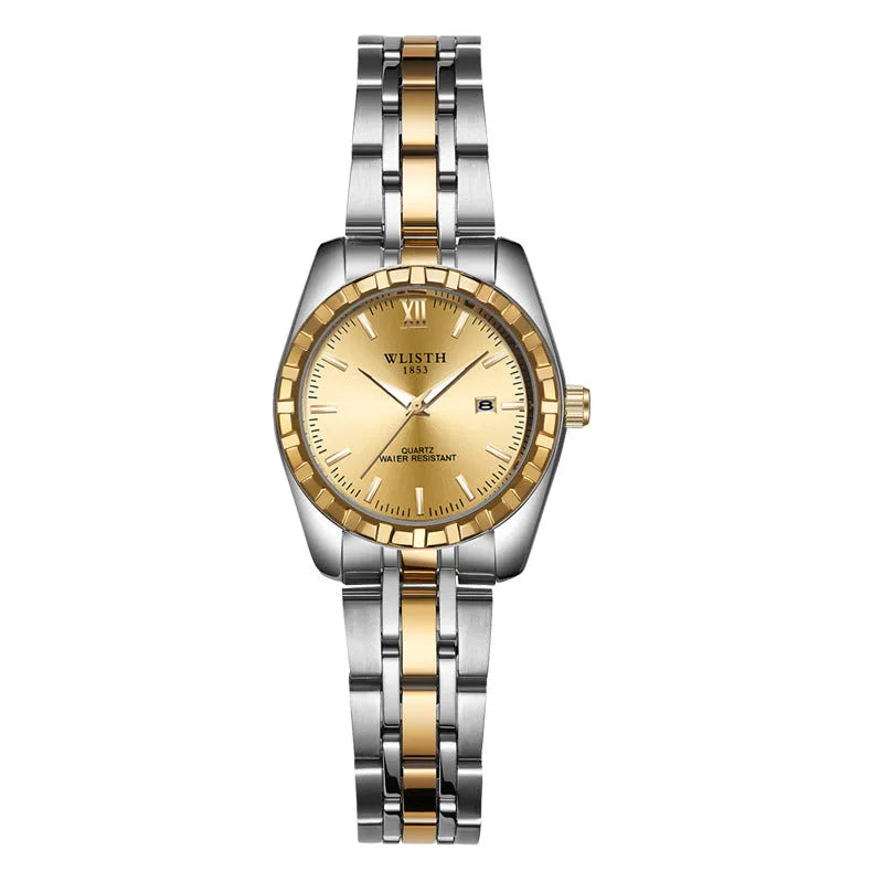 Couple watch with steel band, 28mm dial, luminous hands, calendar, and 30-metre water resistance in silver finish.