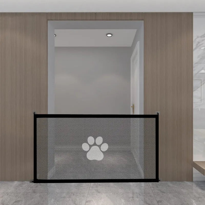 Portable folding dog barrier with cloth construction and plastic rod featuring dog footprint design