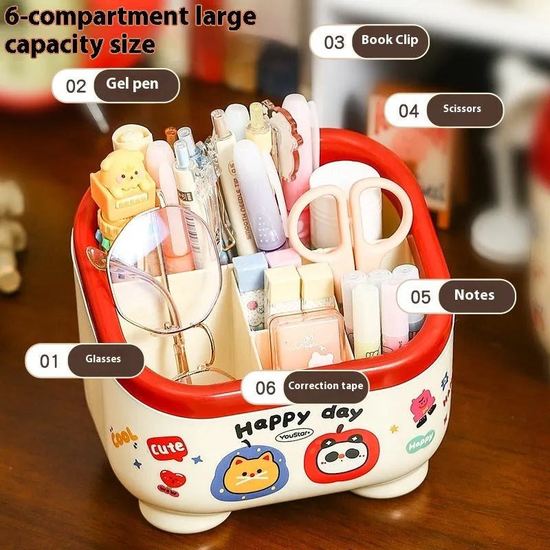 Cartoon-style red and brown plastic desktop storage organiser with 2L capacity and organisation stickers.