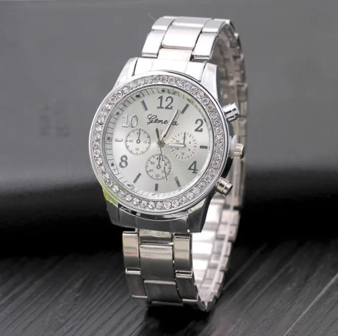 Fashion watch with diamond accents, alloy steel band, 38mm dial, 30M waterproof, spiral crown, in gold finish