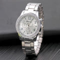 Fashion watch with diamond accents, alloy steel band, 38mm dial, 30M waterproof, spiral crown, in gold finish