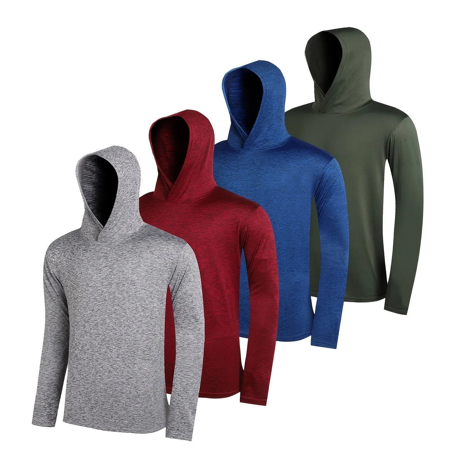 Four men's lightweight polyester hoodies folded together, showcasing elastic fabric and available colour options.