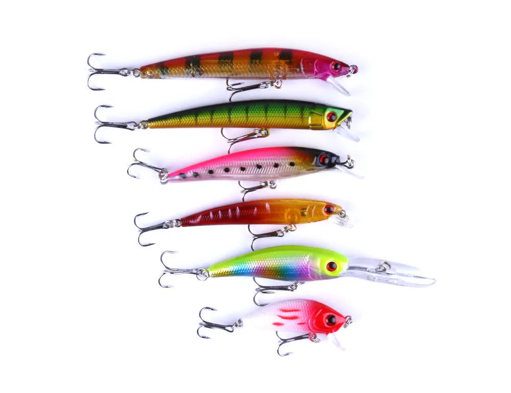 43-piece portable plastic fishing bait set with green, blue black, and red head lures in various sizes