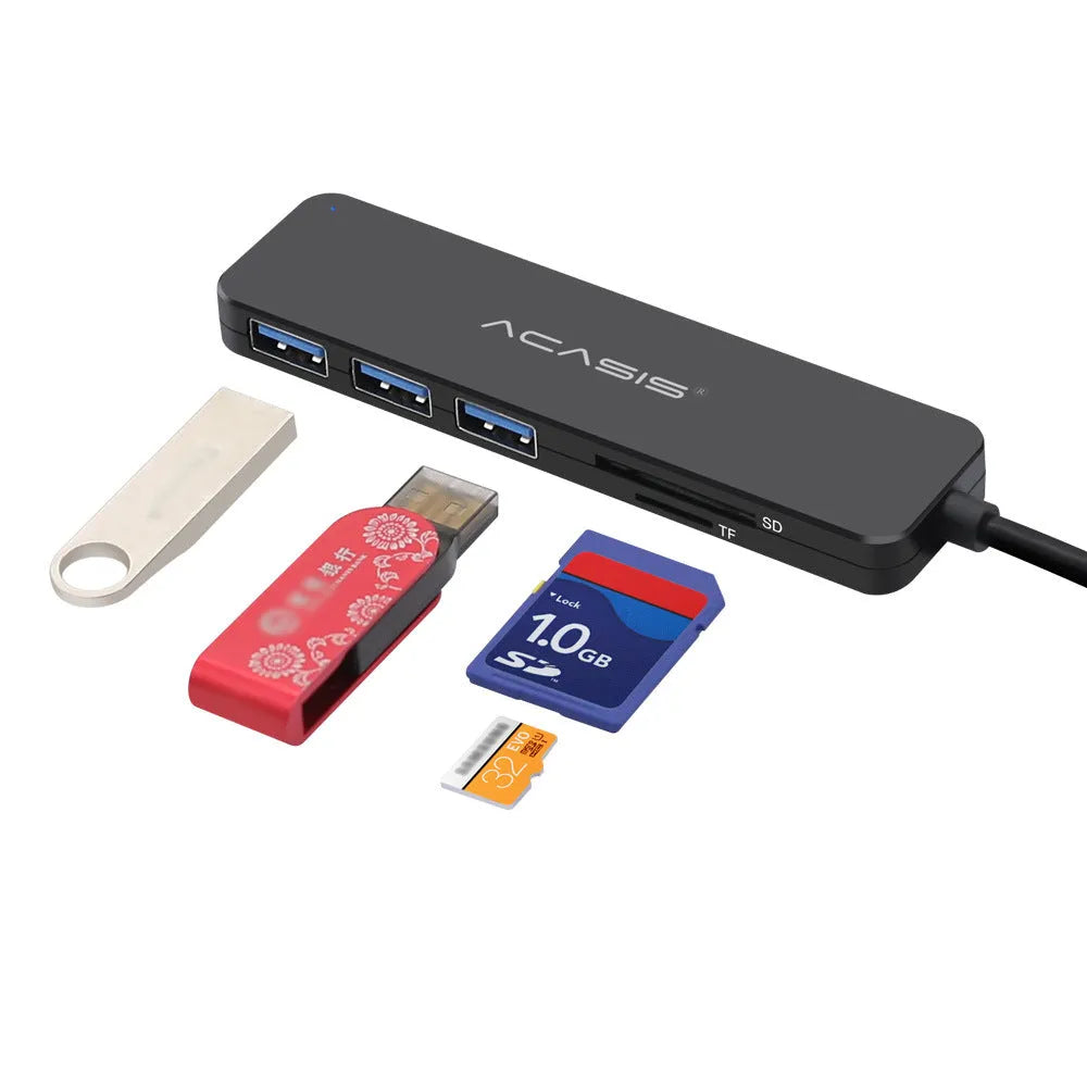 Black USB 2.0 and 3.0 hub card reader with 5 Gbps speed and 20cm cable
