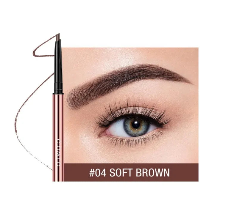 Slim brow makeup pencil in colour box with six shade options: Auburn, Blonde, Caramel, Dark Brown, Soft Brown, Taupe.