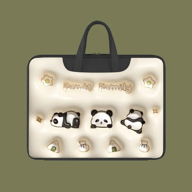 Inflatable grey laptop bag with a cute panda design, showing the inflation valve and back strap for attaching to suitcase handle.