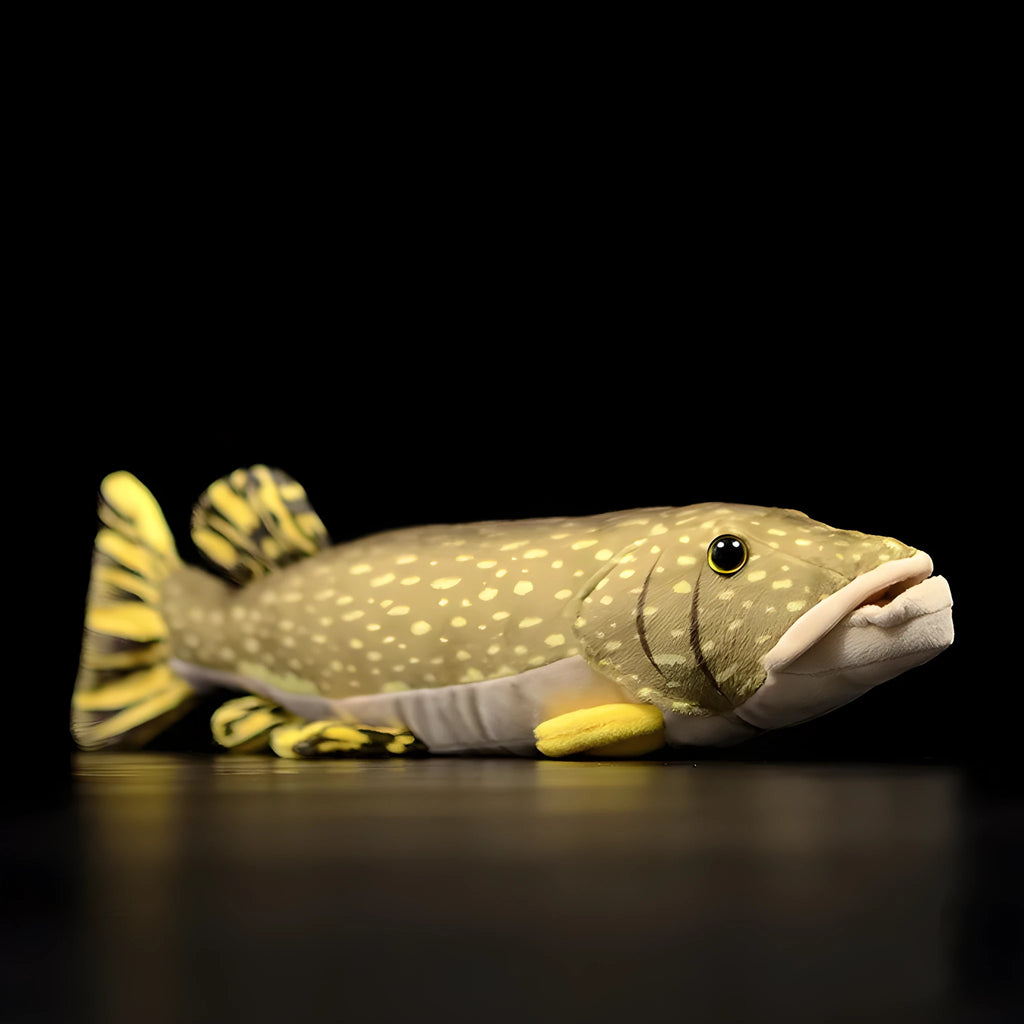 Cute pike doll plush toy 45 cm long, soft crystal velvet with PP cotton filling and Korean rubber particles, on plain background