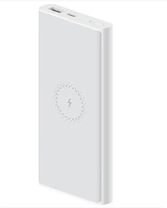 Black and white 10000mAh capacity power bank with wireless charging and fast charge support.