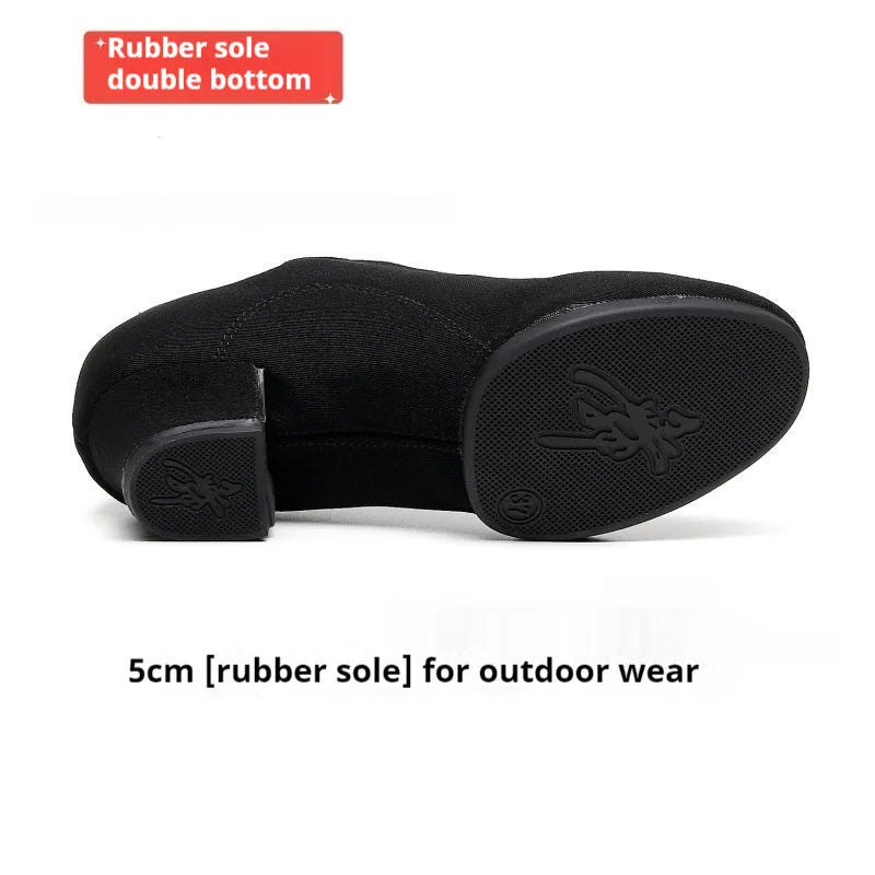 Men's black oxford cloth ballroom dancing shoes with middle heel and rubber sole, indoor and outdoor variants
