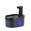 Black battery-powered cat water fountain with 3.2L capacity showing faucet design and USB-C charging cable