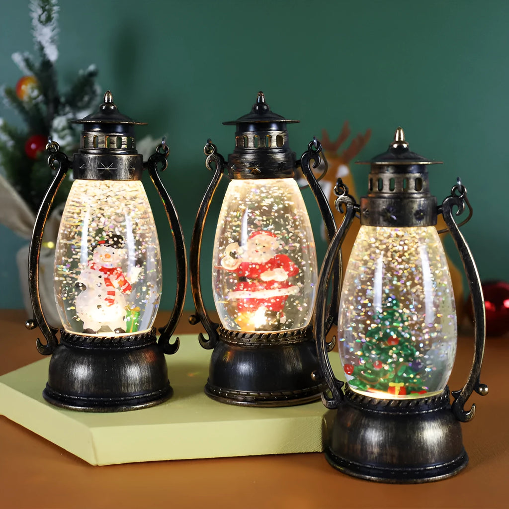 Plastic Christmas oil lamp decoration with LED light showing snowman figurine inside crystal ball dome.