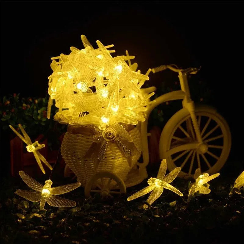 Outdoor solar LED string light with 30 warm white bulbs on a 5-metre cable, solar panel with spike, IP65 waterproof