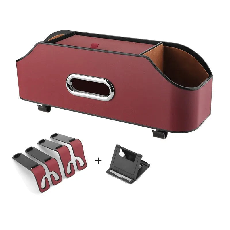 Genuine leather car tissue box holder in one of five colours, showing suspended design.