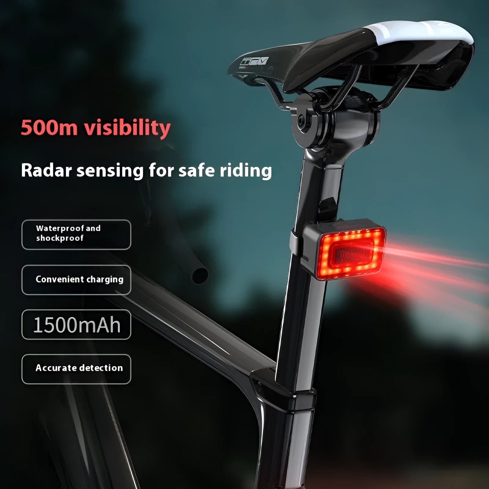 Radar detection bicycle taillight with double bracket mounting system showing multiple lighting modes
