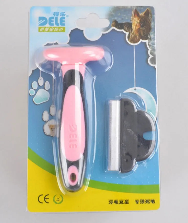 Pet hair removal comb for long straight hair pets in three sizes S M L and blue or pink colour options