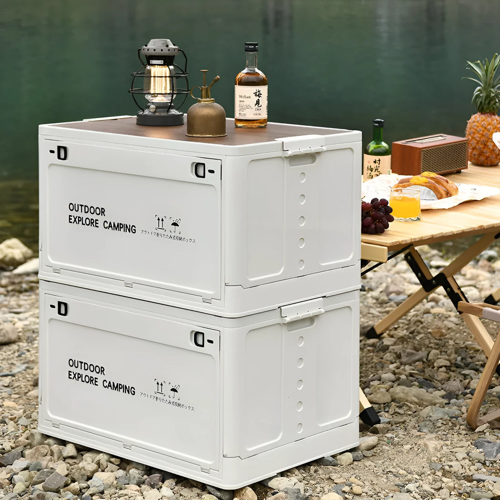 Large green foldable plastic storage box with a wooden lid on a white background.